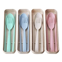 3pcsset travel cutlery portable cutlery box japan style wheat straw spoon chopstick fork student dinnerware sets kitchen tablew