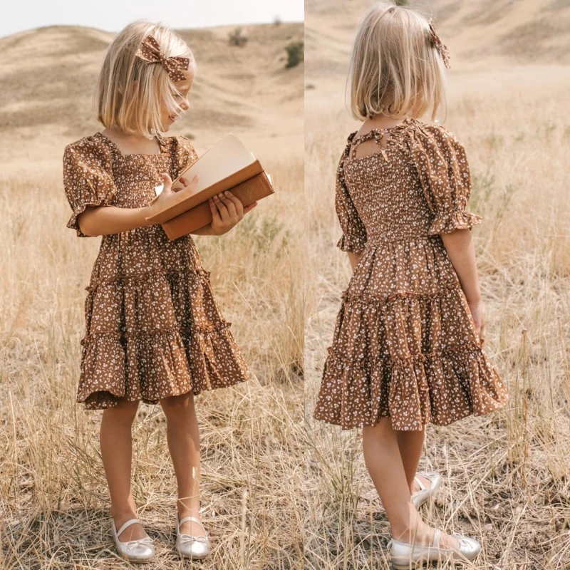 

Kids Girls Floral Dress Summer Girl Short Sleeve Dresses 3-8T Girl Casual Wear Princess Smocked Clothing for Children Girl