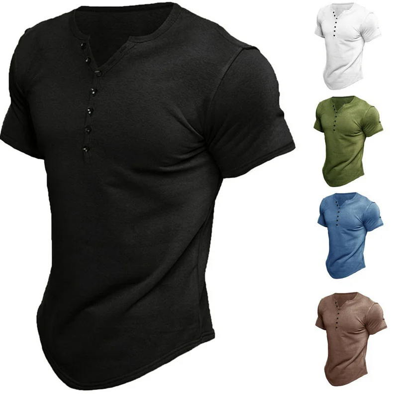 

New Men's Summer Button Short Sleeve Solid Color Casual T-shirt