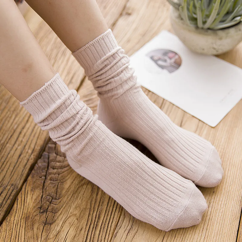 1Pair Cotton Loose Women Socks Knitting Solid Color Black Pink Student Girls Stockings Elegant Retro Long Women Socks Breathable