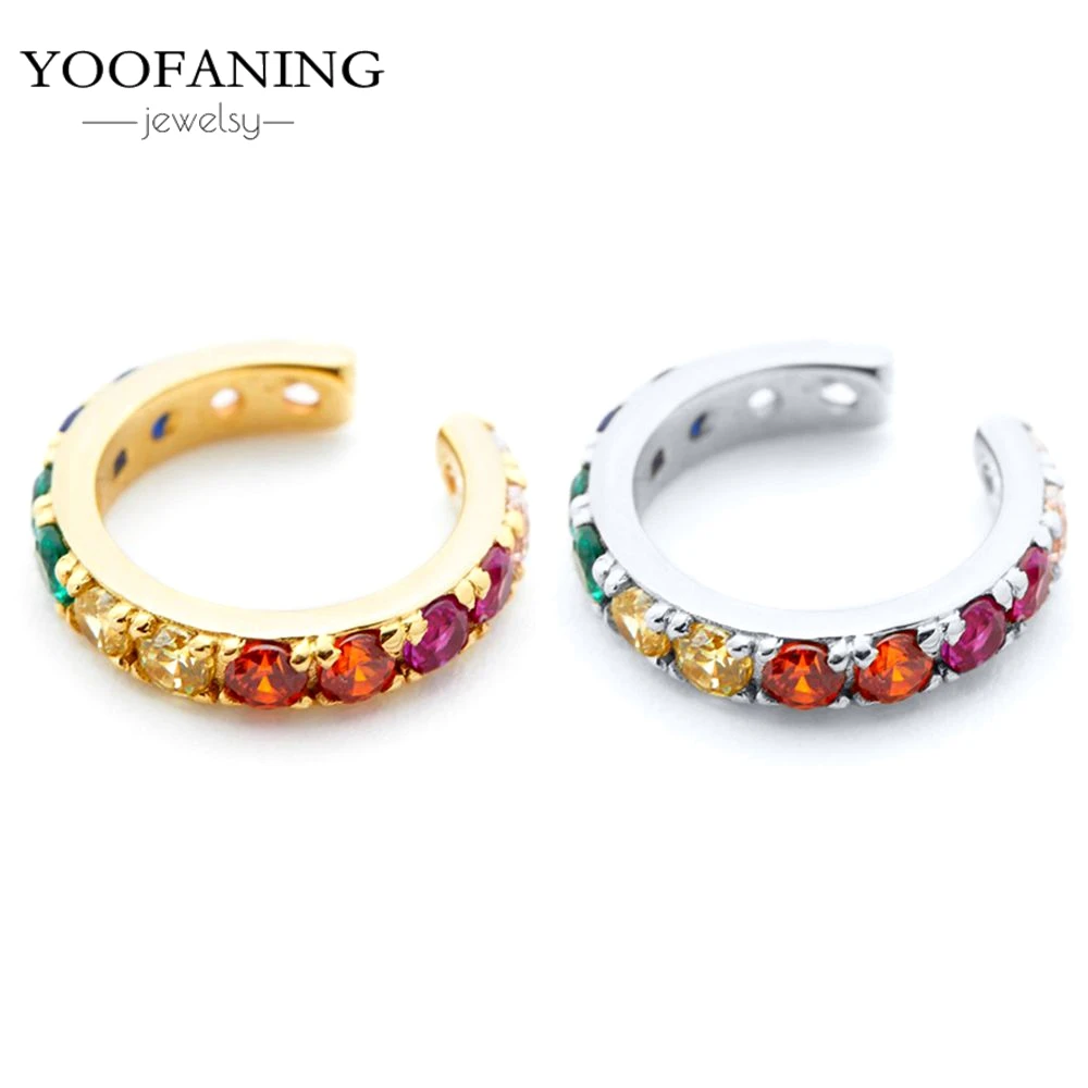 Фото Серьги-клипсы YOOFANING с позолотой 24k, серебряные, с разноцветными кристаллами циркона, простые, в стиле INS, С-образные, без прокола, оптом №2