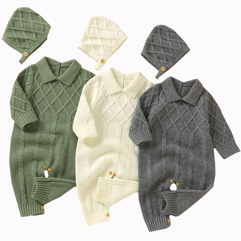 

Newborn Romper Baby Boys Girls Clothes Autumn Winter Long Sleeves Knitted Jumpsuits+ Hats 2Pcs Sets Infant Bodysuits Outfits