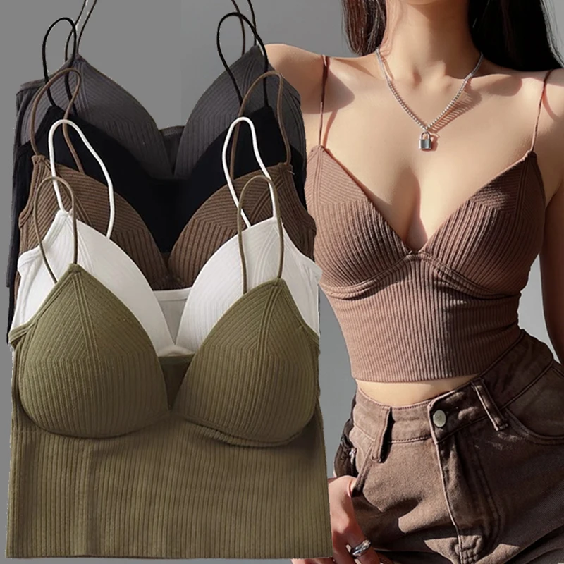 

Ladies Crop Top Camisole Slim Fit Sexy Stretch Push Up Bra with Chest Pads Cropped Navel Short Tube Top V-Neck Tops Hot Sale