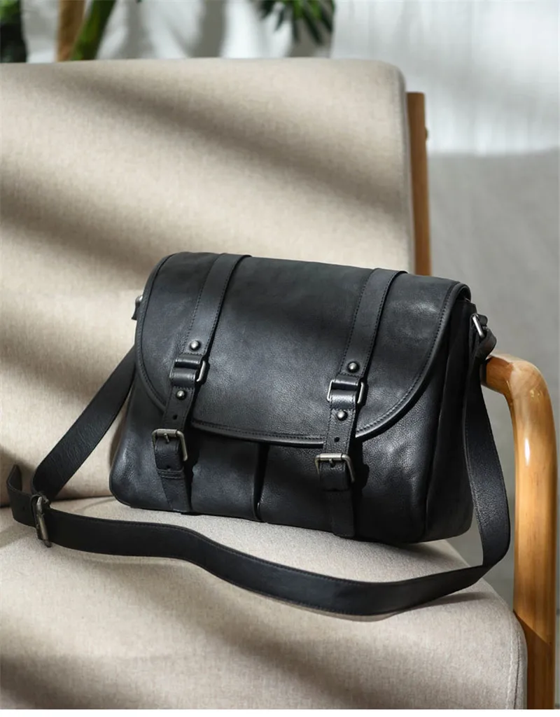 Fashion vintage luxury designer genuine leather men messenger bag daily outdoor weekend work flat real cowhide shoulder bag
