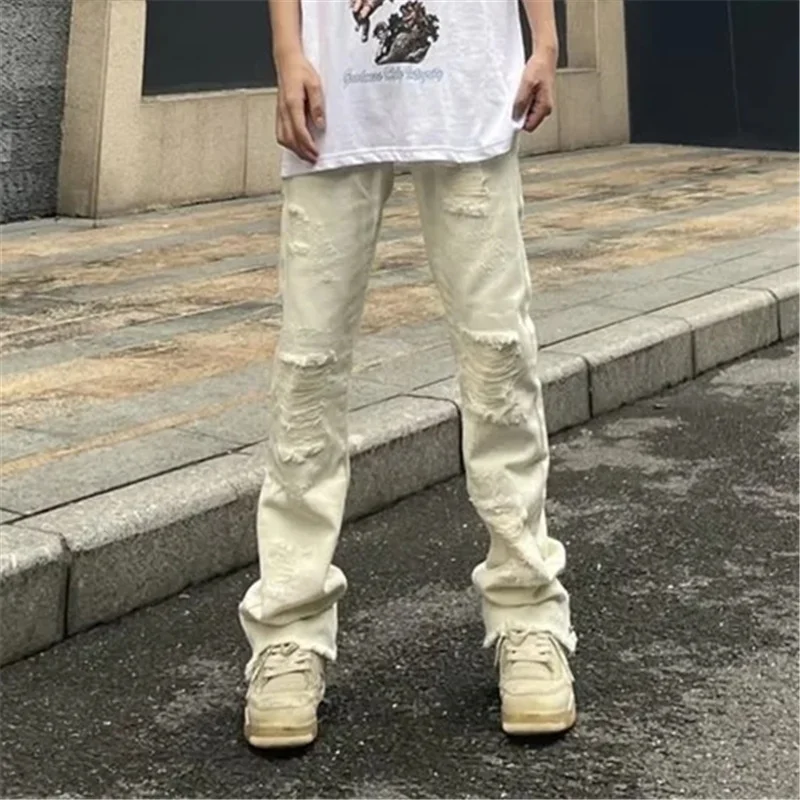 New Hole Ripped Straight Washed Mid Waist Men Jeans Black Beige Patchwork Vintage Slim High Street Denim Trousers