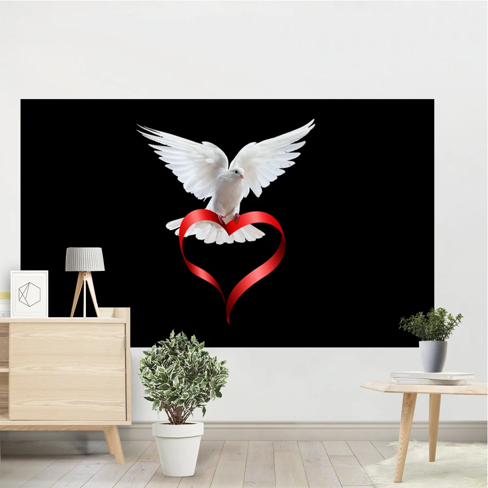 

Love doves and doves of peace tapestry hanging decorations in living room with magenta ribbons