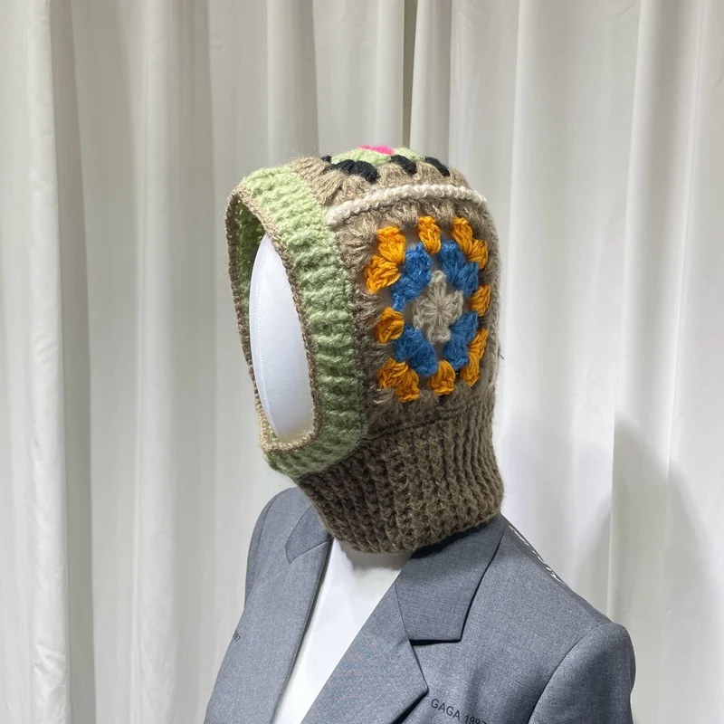 

Korean Hand-crocheted Grandmother Grid Balaclava Hat Women Winter Warm Thickened Knitted Hats Ins Scarf Integrated Pullover Cap