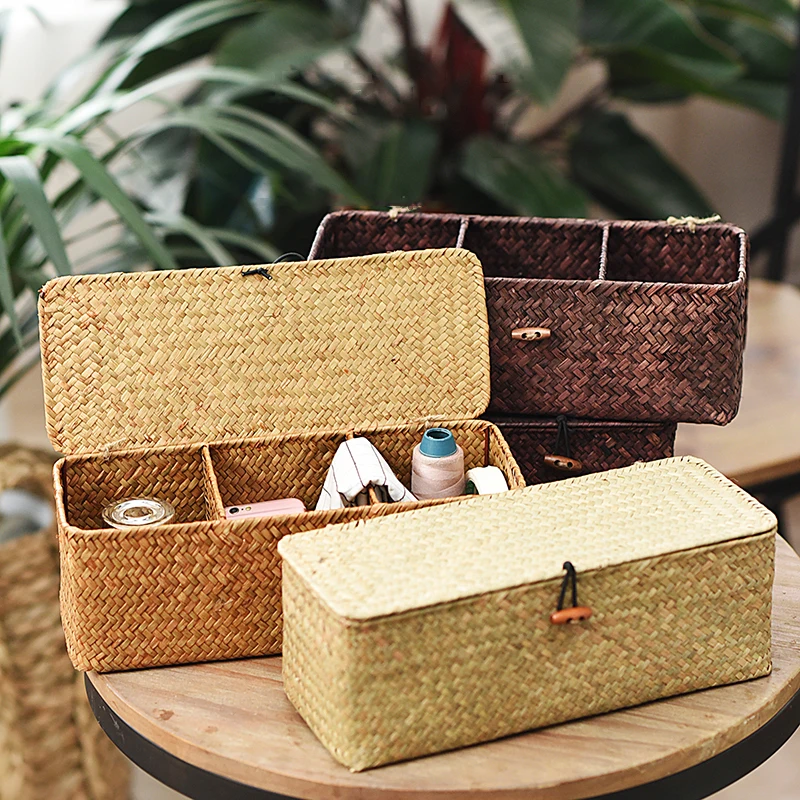 

Organizer Case Box 3 Storage Storag Rattan Natural Grid Sundries Lid Baskets With Straw Jewelry Handwoven Basket Divider Storage