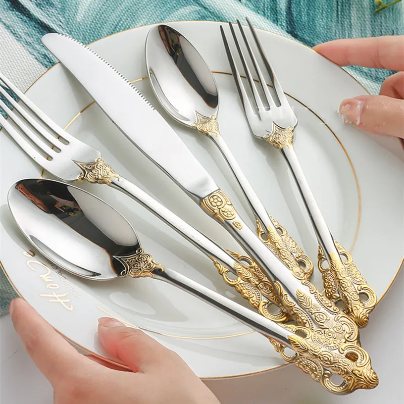 

Palace series 304 stainless steel Western food five piece set retro embossed steak knife, fork and spoon home set cutlery