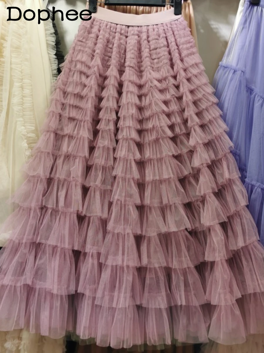 

Elegant Ruffled Gauze Skirt Fairy Candy Colors Long Pleated Skirt 2022 New Elastic High Waist Slimming A- Line Gauzy Cake Faldas