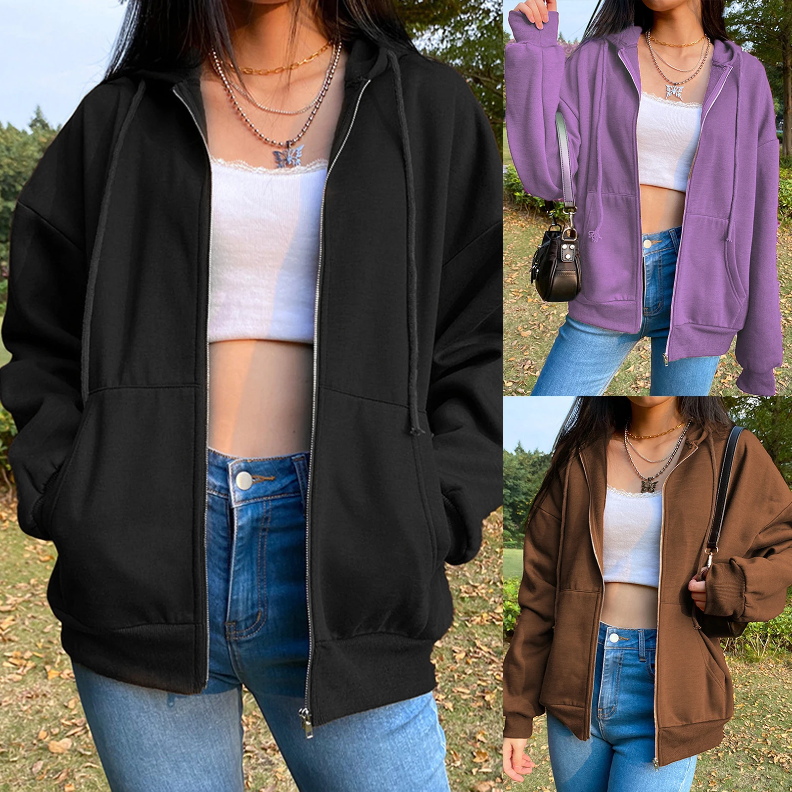 

Women Solid Color Hoodies Outerwear Long Sleeve Drawstring with Pockets Jacket Loose Casual Style Streetwear Top