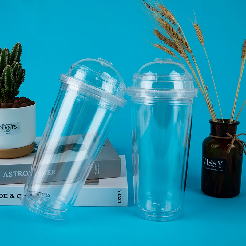 

20oz Milk Tumbler with Dome Lids Double Wall Plastic Drink Cups With Straw Reusable Clear Water Bottle Transparent Fruit Cup