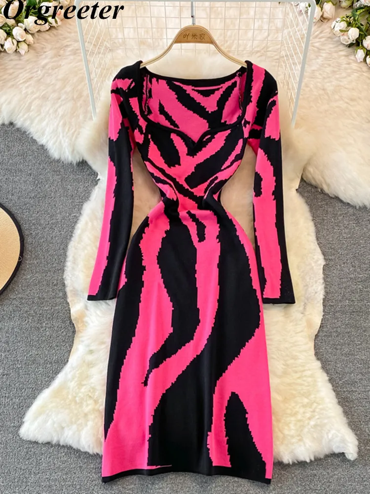 

Knitting Bandage Dress For Women Square collar Long Sleeve High Waist Zebra Print Split Midi Dresses Female Autumn Clothing