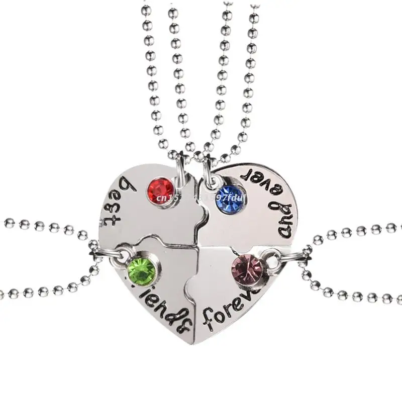 

4 Pieces Set Best Friend Forever Necklace Broken Heart Splicing Pendant Blue/brown/green/Red Rhinestones Jewelry Gift