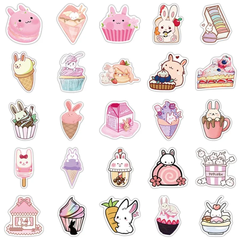 

50Pcs Cute Pink Dessert Rabbit Graffiti Sticker Laptop PVC Decals Decoration DIY Diary Phone Notebook Album Fridge Sticker Gift