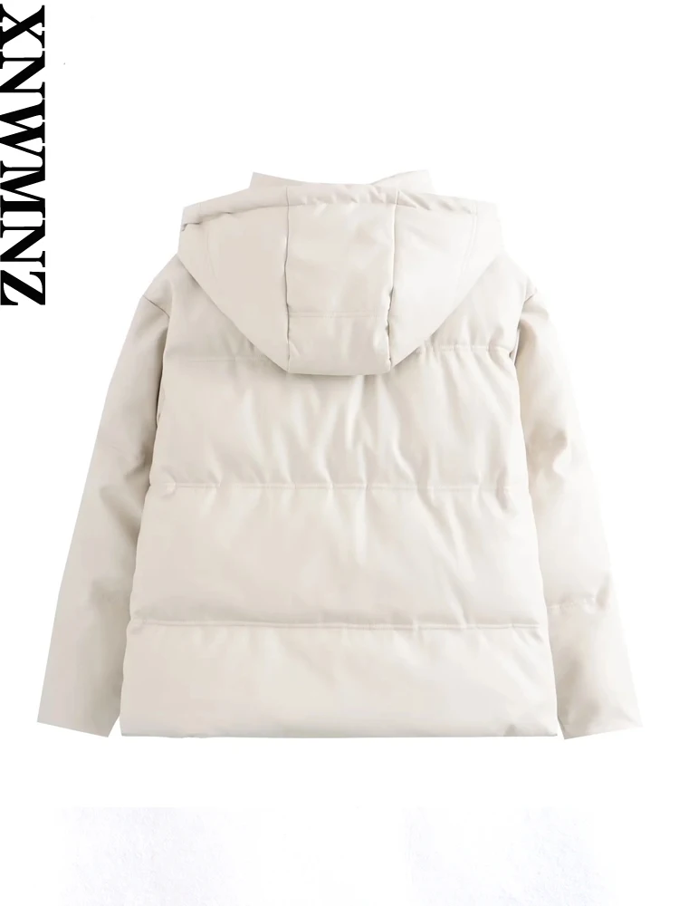 XNWMNZ Women Fashion Winter Warm Faux Leather Hooded Padded Jacke Stand Collar Thickened Long Sleeves Zip Coat Female Outerwear