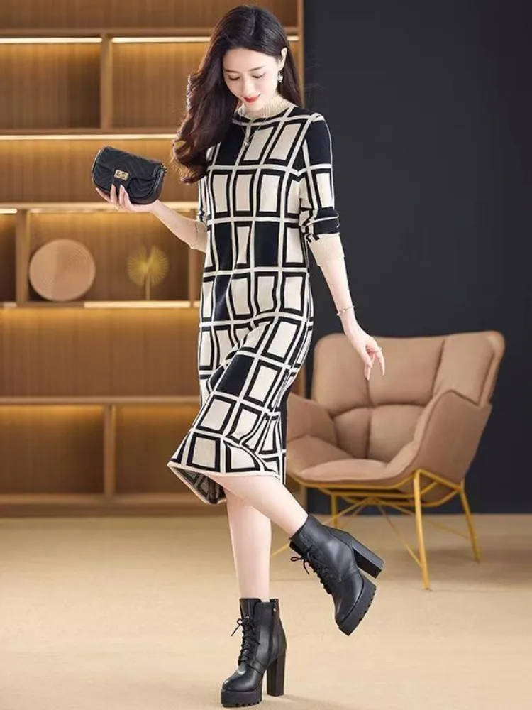 Maxmurny Affordable Luxury Fashion Fall and Winter New Arrival Knitting Dress Women's Half Turtleneck Loose Underdress