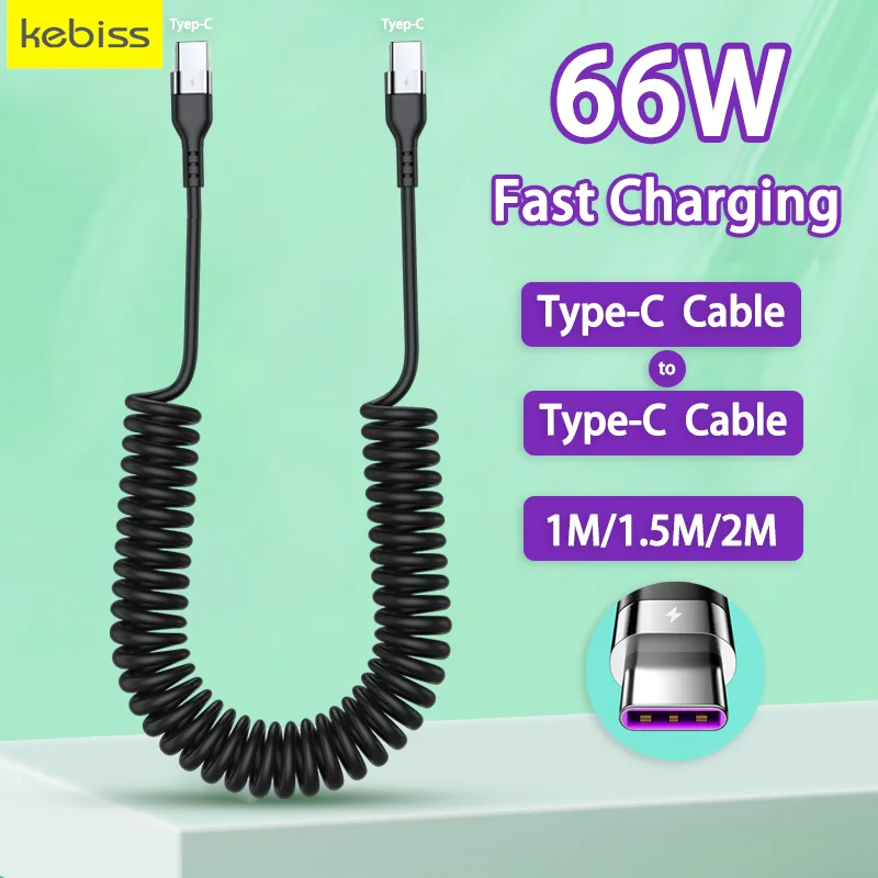 PD 66W 5A Fast Charging Type C to Type C Cable For Samsung Xiaomi Redmi OnePlus Phone Charger Spring Telescopic Car USB C Cable