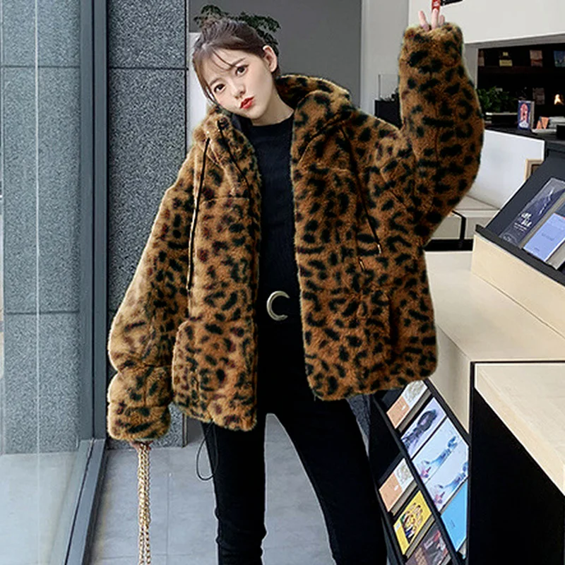 Faux Fur Coat Women's Fashion Thicken Winter Plus Size Loose Warm Jacket Parker Mink Faux Casual Leopard Print Hooded Jacket