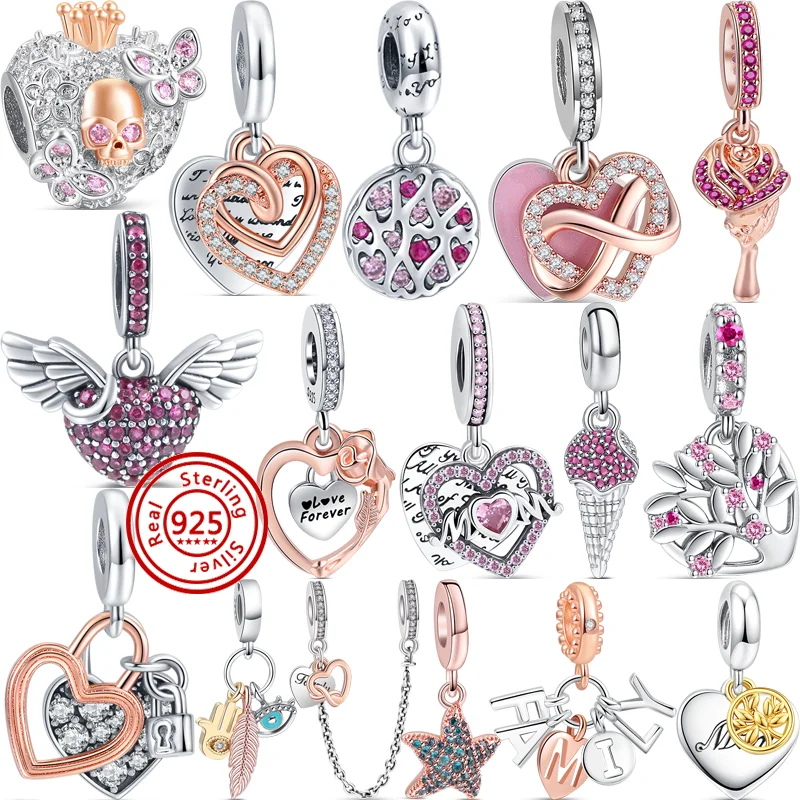 

New 925 Sterling Silver Infinite Heart Wing Flower Family Mom Pendant Pink Beads Fit Original Pandora Charm Bracelet DIY Jewelry