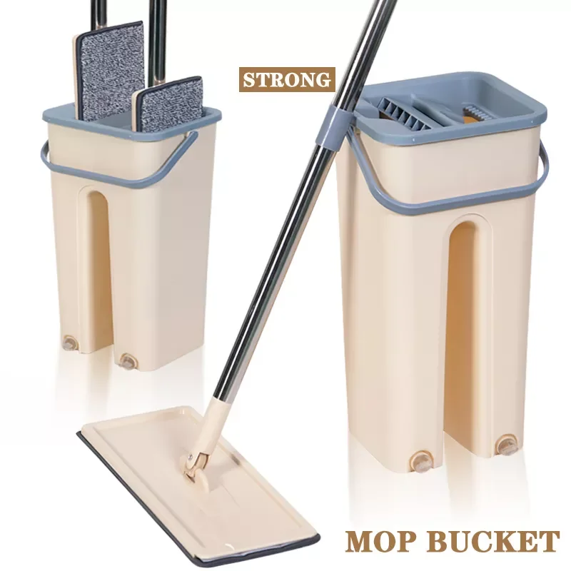 

NEW2023 Flat Floor Mop Bucket Set Floor Cleaning Hand Free Squeeze Mop Floor Bucket Stainless-Steel Handle Floor Reusable Microf
