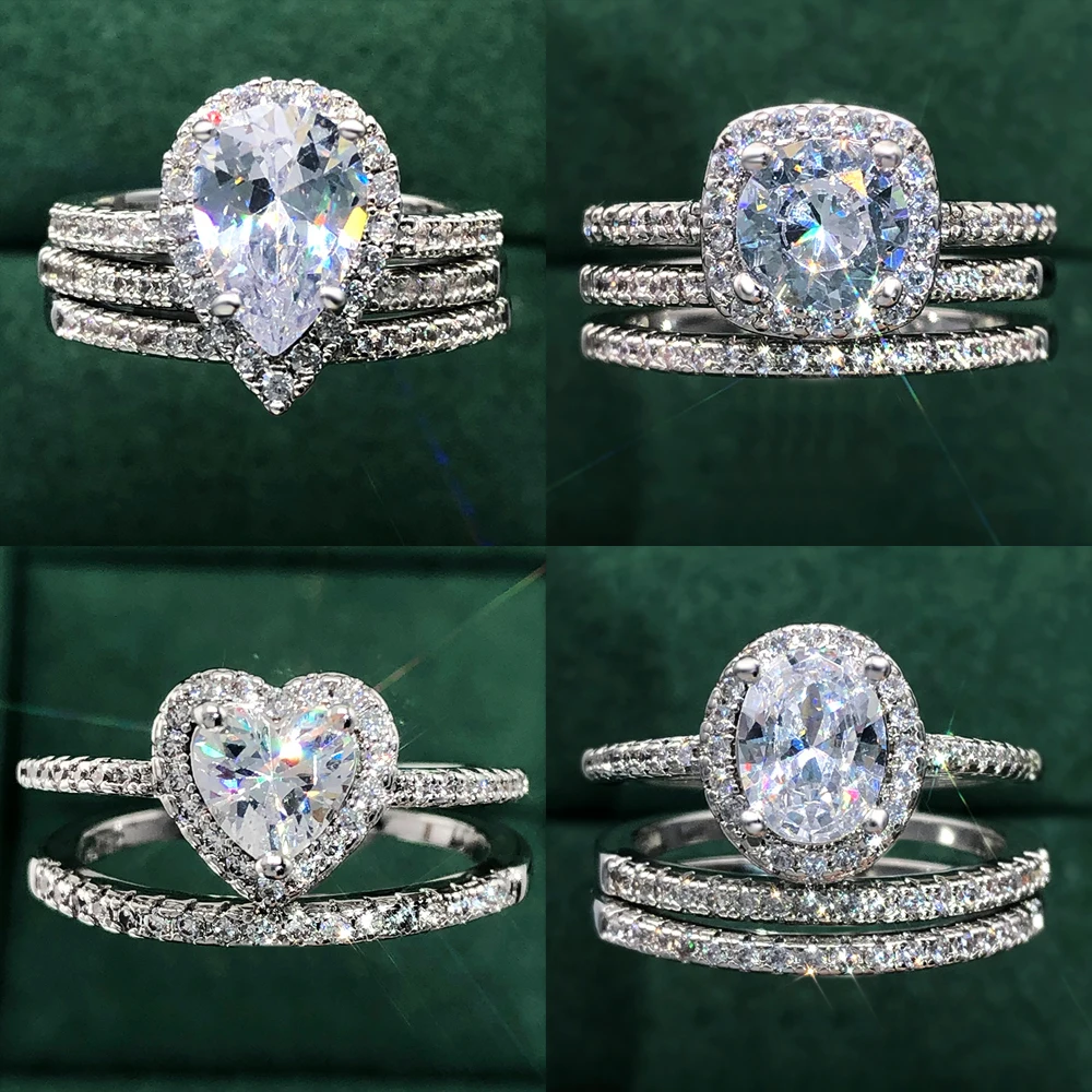 Luxury Zircon Ring Sets for Women Trend Silver Color Heart Proposal Promise Stacking Rings Love Gift Crystal Jewelry