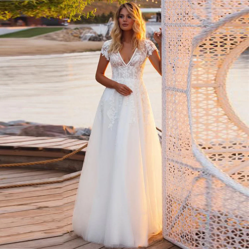 

Простое винтажное свадебное платье 2022, Тюлевое платье с V-образным вырезом и короткими рукавами-крылышками, женское пляжное платье невесты ...