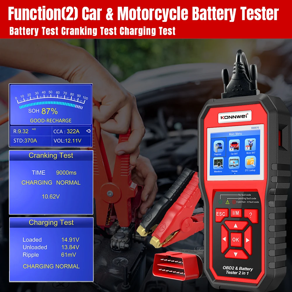 Фото KONNWEI KW870 6 В 12 В автомобильный мотоциклетный аккумуляторный тестер OBD2 диагностический инструмент сканер 2 в 1 инструменты для тестирования зарядки №4