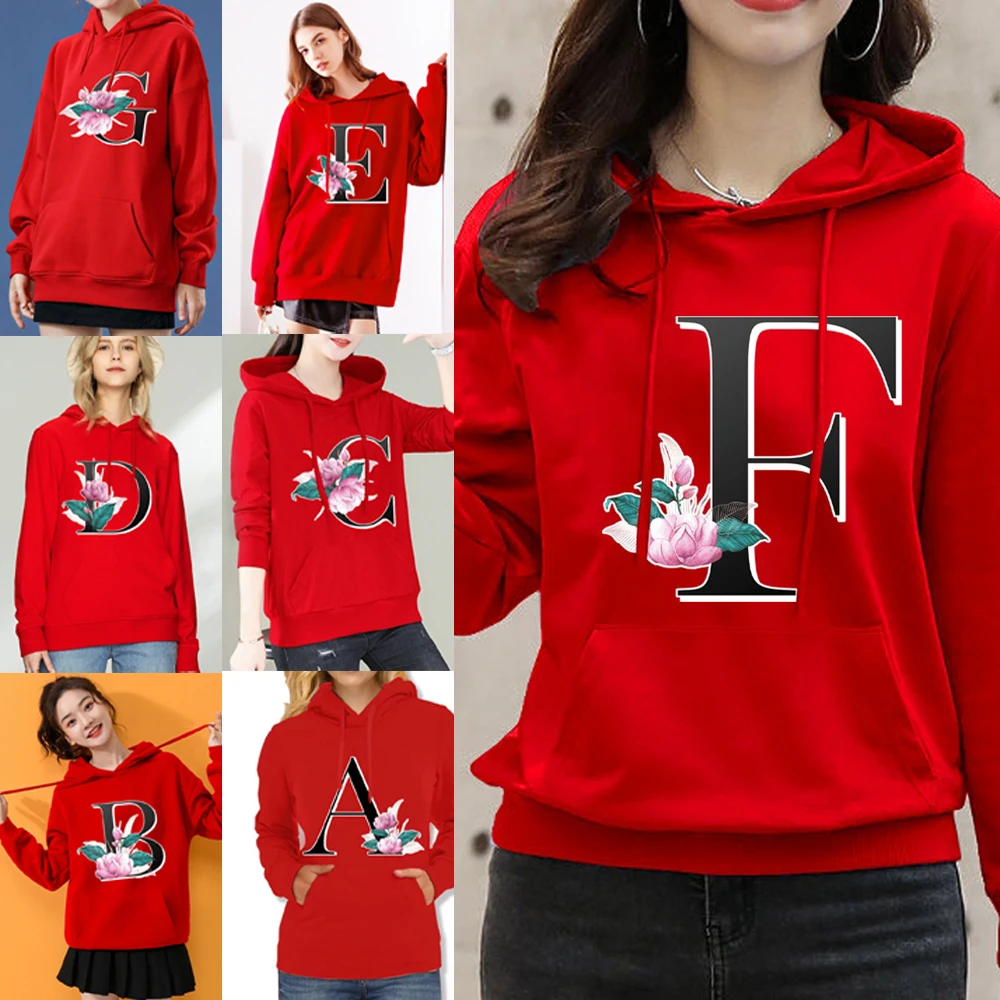 

Spring Autumn Hoodie Harajuku Fashion Korean Streetwear Sweatshirt Whitemarble Letter Print Red Clothing Trend Long Sleeve Top