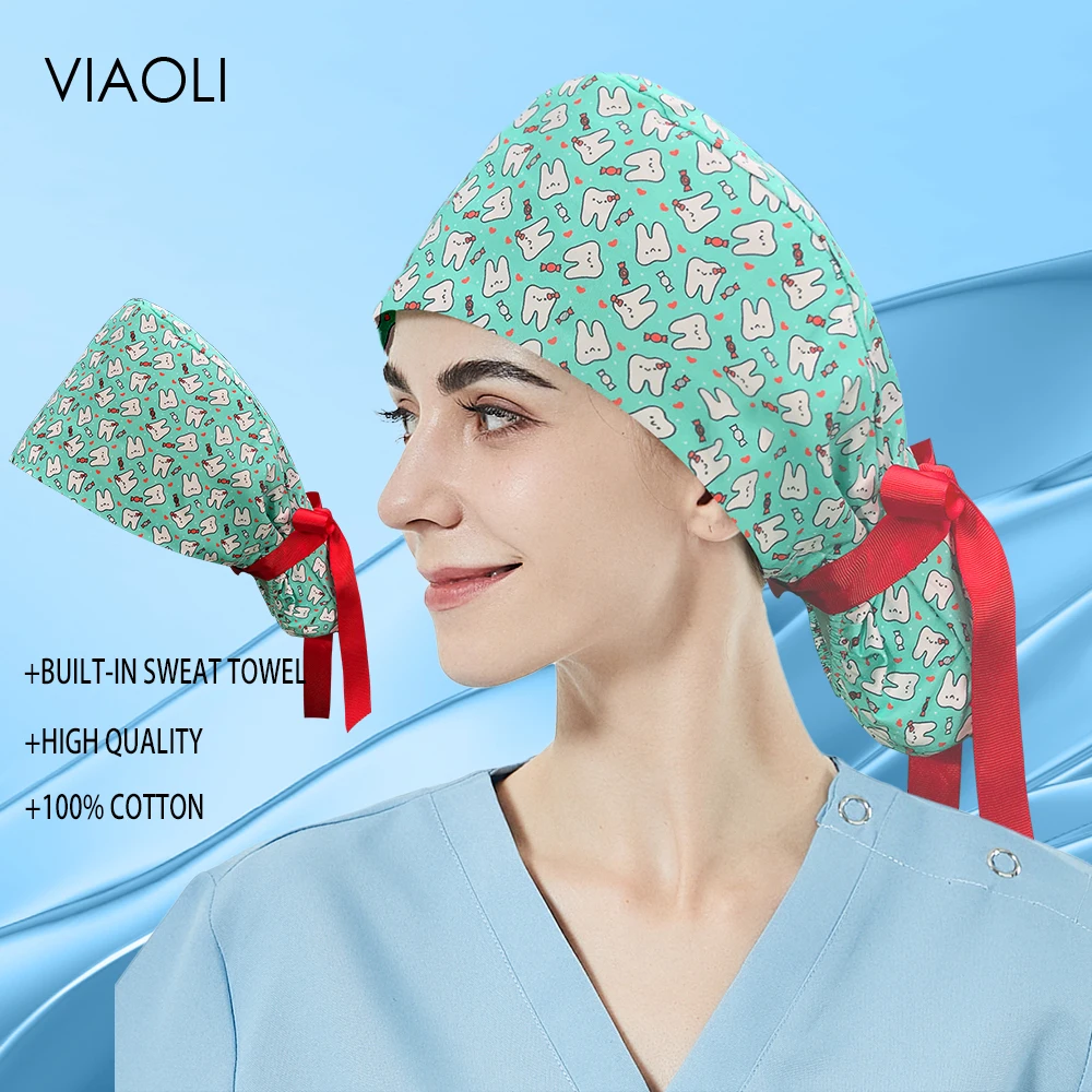 

High Quality Pure Cotton Wholesale Medical Accessories New Style Operating Room Women's Scrubs Printed Hats Sweat-absorbent Caps