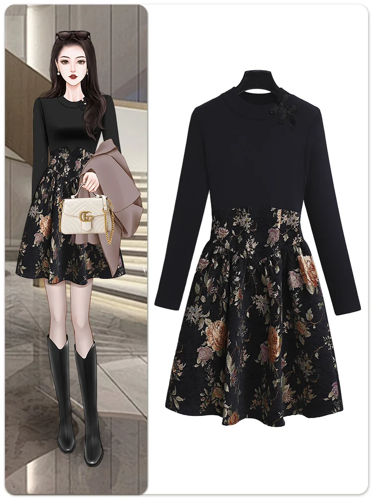 Высококачественное новое китайское черное трикотажное платье в стиле ретро 2024