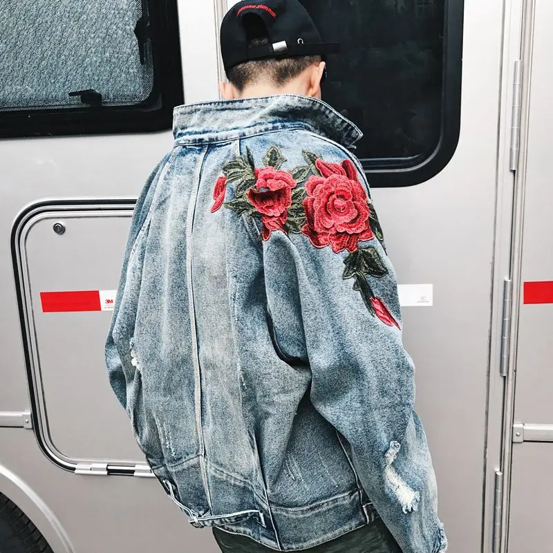 

Men's 2023 New Jackets Three-Dimensional Rose Embroidered Ripped Denim Jacket Men and Women Couple Loose Retro Profile Jackets