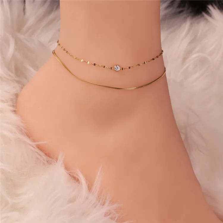 

Ins Cold Wind Plain Chain Double Layer Thin 18K Gold Women Anklets Jewellery Charm Anklets