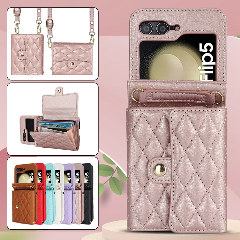 

Wallet Strap Leather Case For Samsung Galaxy Z Flip5 4 3 Huawei P50 Pocket OPPO Find N2 Flip Moto Razr 40 40 Ultra Vivo X Flip