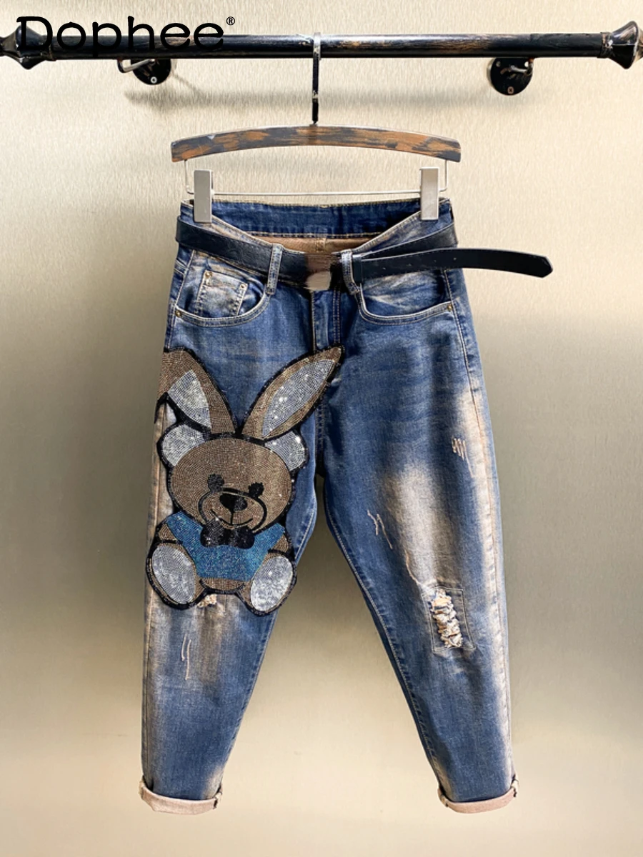 

Heavy Embroidery Hot Drilling Cute Cartoon Jeans Women Fall 2022 High Waist Slimming Tapered Skinny Denim Pants Harem Trousers