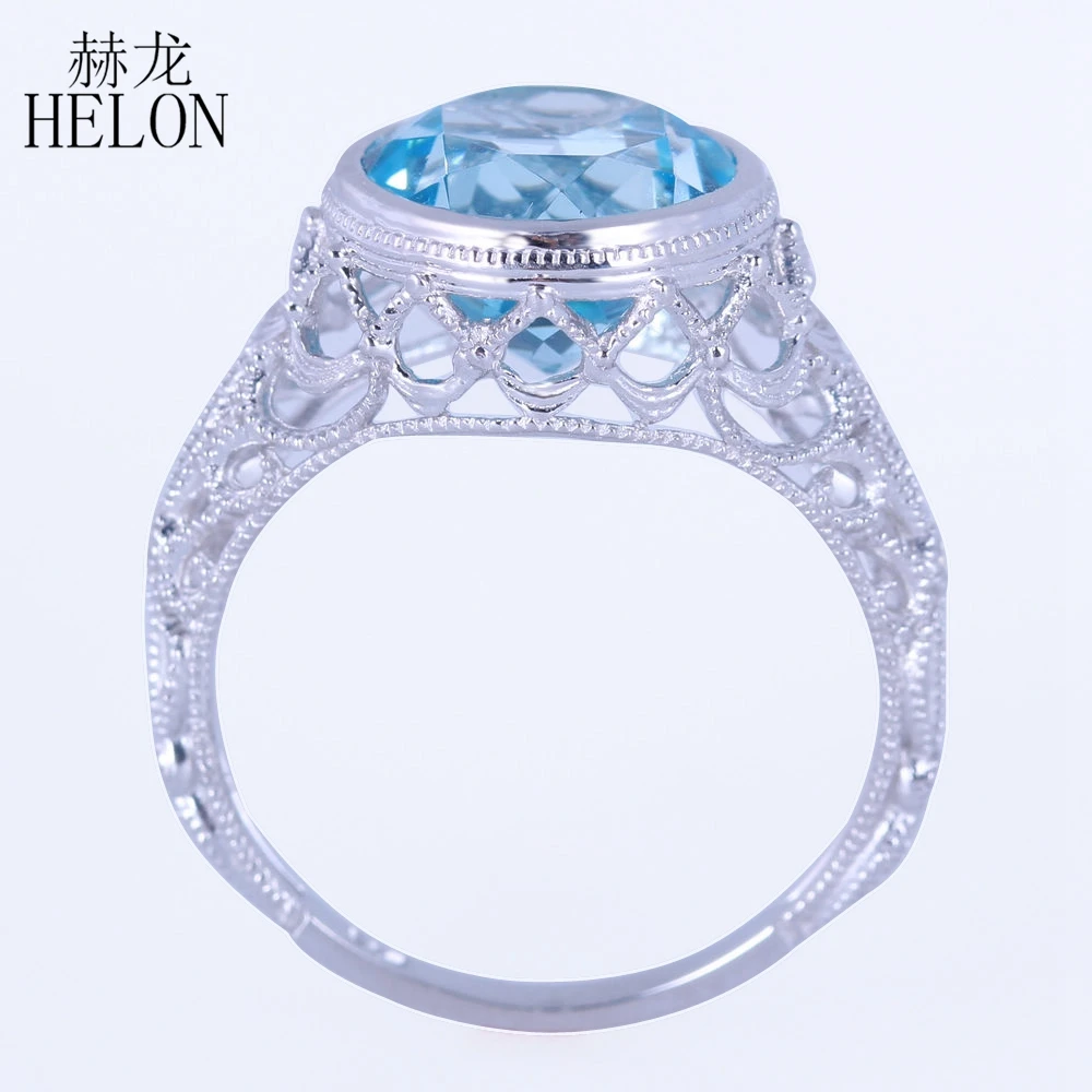 HELON Solid 14k 10k White Gold Round 10mm Flawless Blue Topaz Diamonds Art Deco Vintage Fine Jewelry Engagement Ring Women Gift
