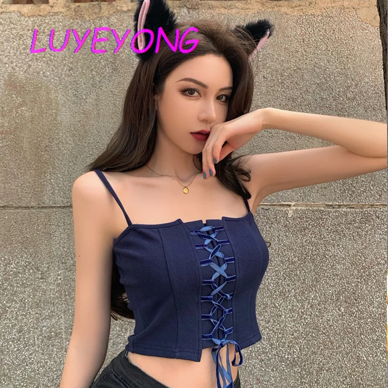 

Женский короткий топ на шнуровке, Темно-Синий Облегающий Топ без бретелек с открытой спиной, в Корейском стиле, лето 2023