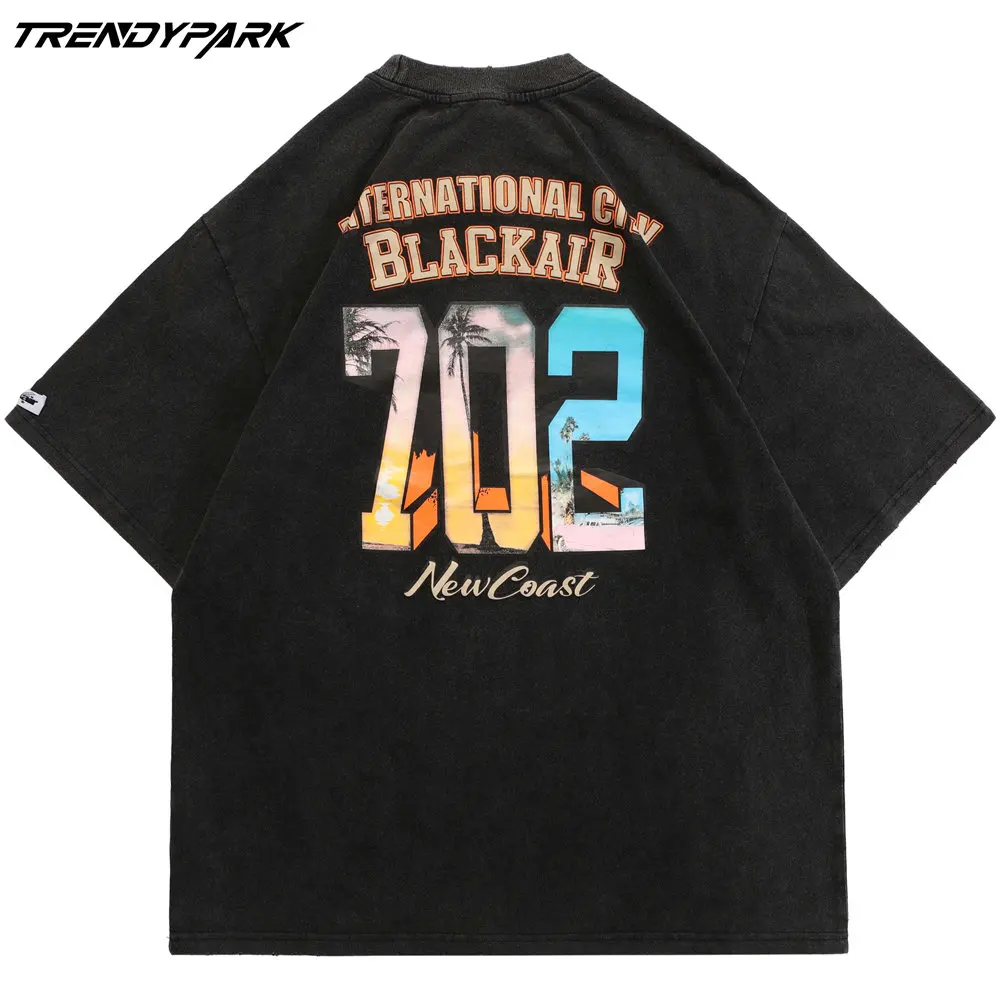 

T Shirt for Men Letters Print Washed Distress O-neck Cotton Men's Clothing Tops Harajuku Streetwear Casual Oversized T Shirts