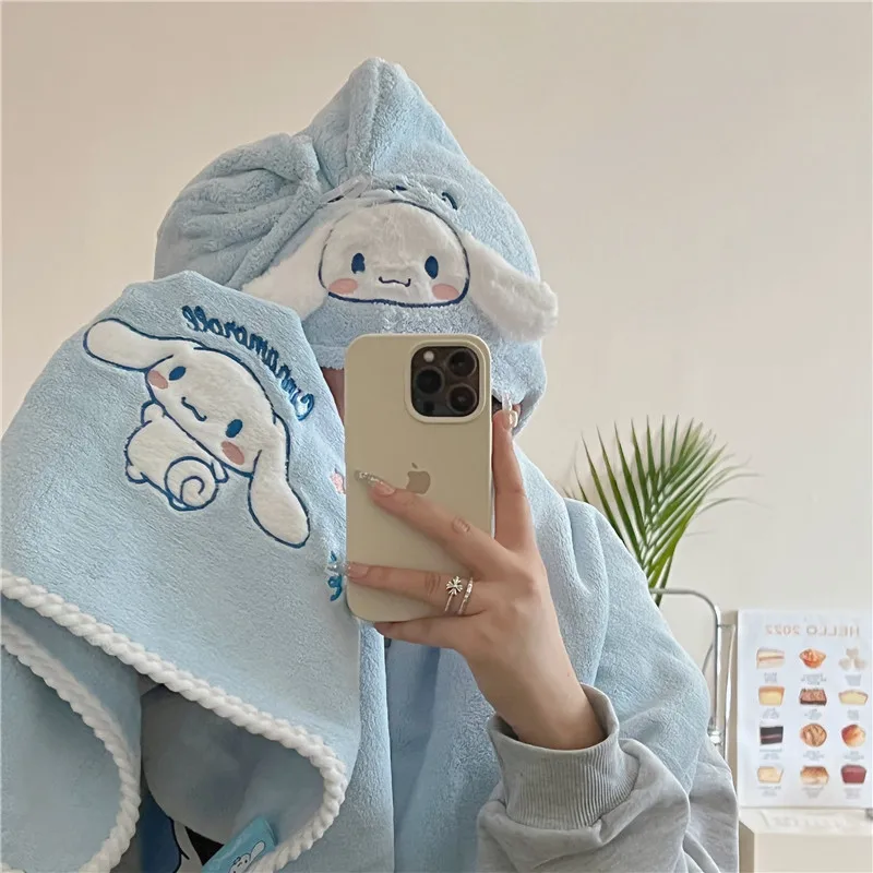 

Новинка, банное полотенце Sanrio Cinnamoroll, пригодное для ношения, накидка для ванной, шапочка для сухих волос, быстрое впитывание и высыхание, для ...