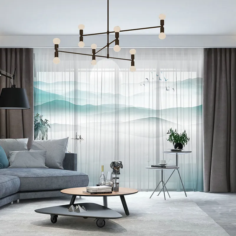 

Custom Chiffon Sheer Curtain Window Drape for Bedroom Living Room Mountain Hills River Boat Painting Khaki Gray Brown Pink Blue