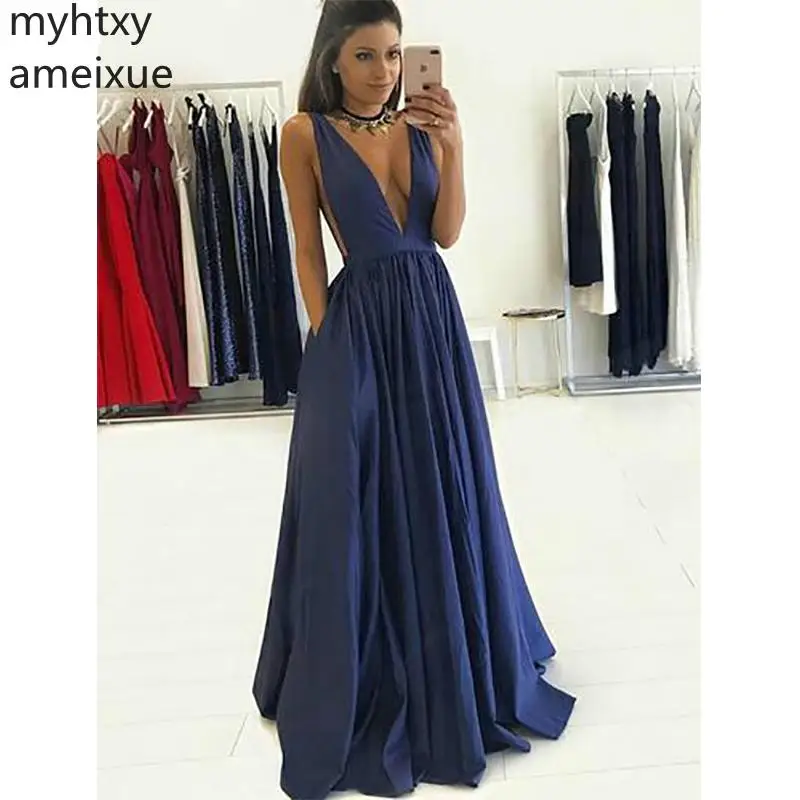 

party dress Simple Sexy Blue Plus Size Evening Dress Formal Prom Deep V-neck Sleeveless Pocket Evening Gown Custom Made
