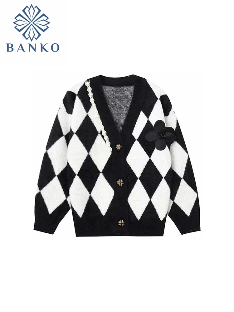 

V-Neck Women Retro Button Contrast Color Knitwear 2022 Long Sleeve Sweater Autumn Winter Knit Loose Oversized Lady Jumper Casual