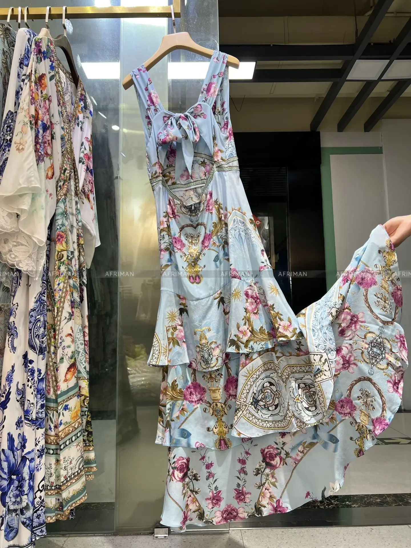 Женское многослойное длинное шелковое платье с V-образным вырезом и бантом на