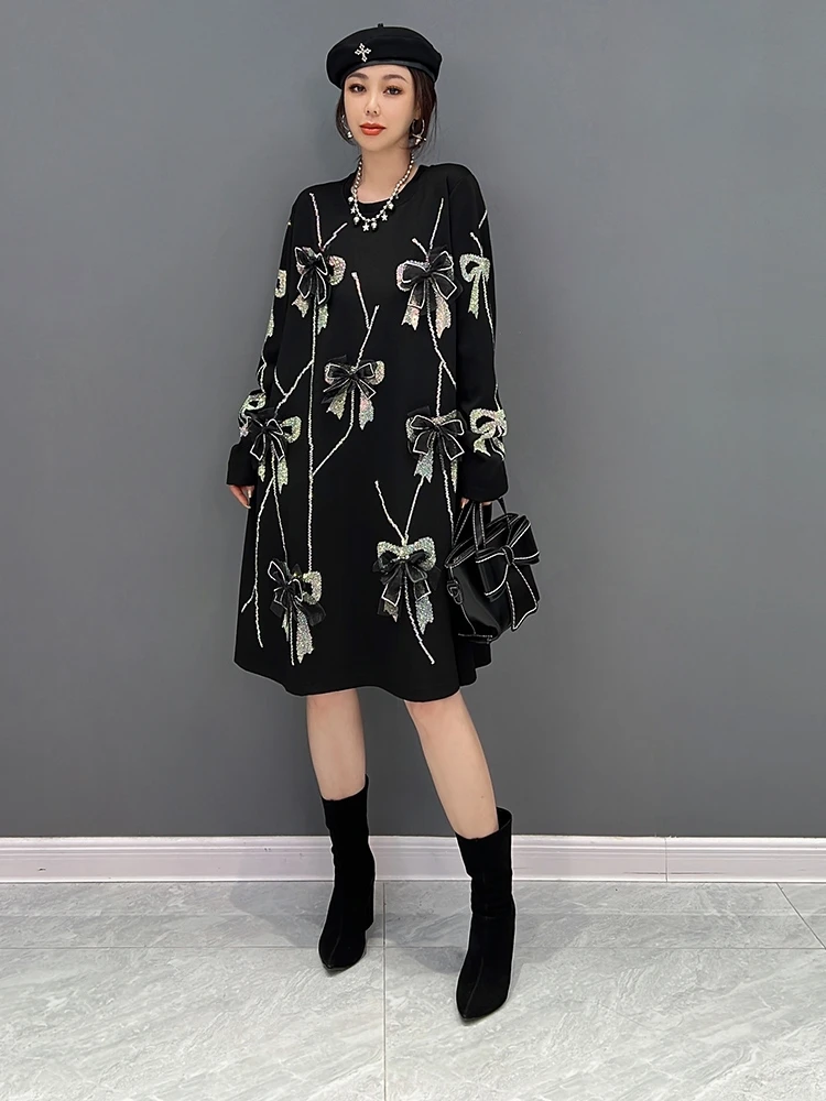 

SuperAen Europe Station 2022 Autumn and Spring New Korean Fashion Knitted Bowknot Dress Temperament Female Dress