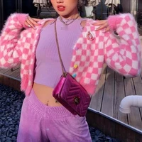 women sweet e girl checkered mohair plaid knitted cardigans spring new pink kawaii crop top sweater cardigan y2k gothic harajuku