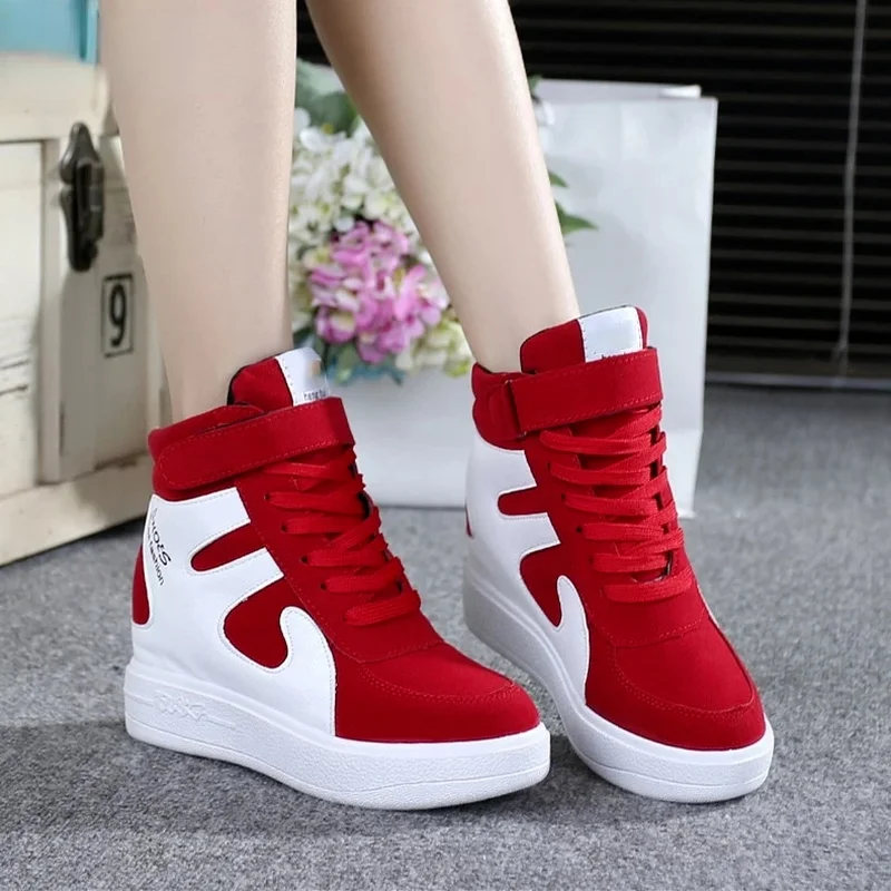 Red Sneakers Women 2021 New High Top Platform Casual Wedges Autumn Winter Female Black Internal Increase Vulcanize Shoes Lace-up