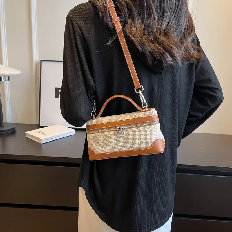 Portable Bucket Box Handbag Canvas Patchwork Fashion Crossbody Bags Ladies' Commuter Phone Storage Shoulder Bag Versatile Simple