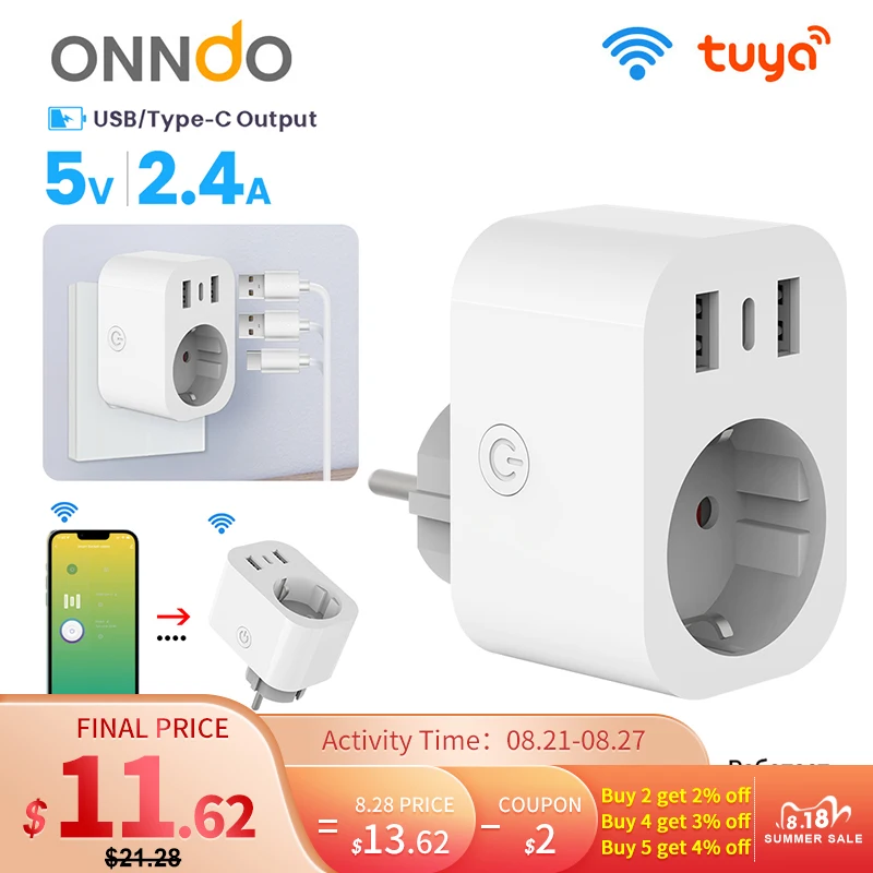 

ONNDO Tuya Wifi Smart Plug & Socket，With USB Type-C Outlet,EU 16A Remote Control Works With Alexa Google Home Assistant Yandex