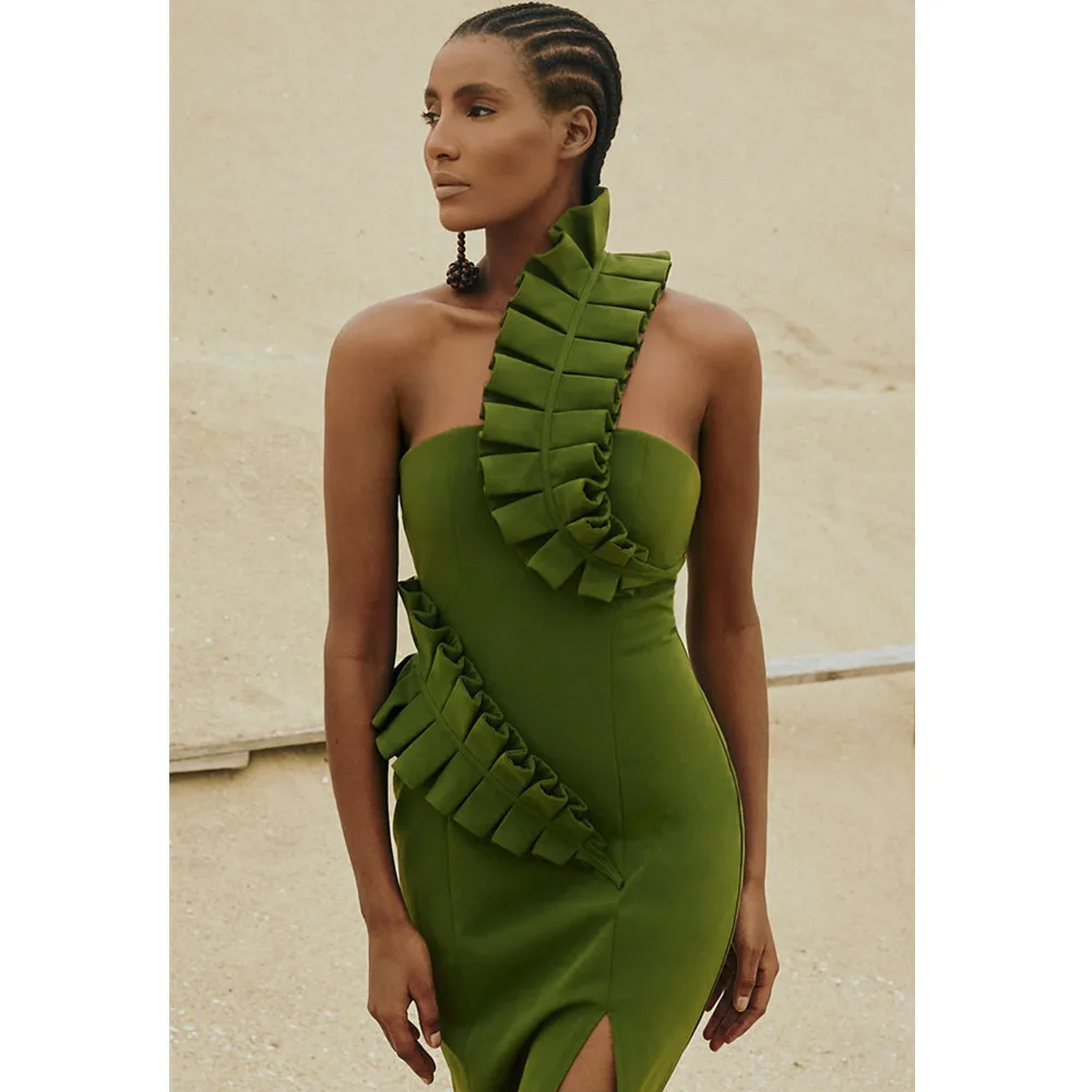 

Women Sexy One Shoulder Designer Green Red Midi Bodycon Bandage Dress 2021 Elegant Chic Evening Party Dress Vestidos
