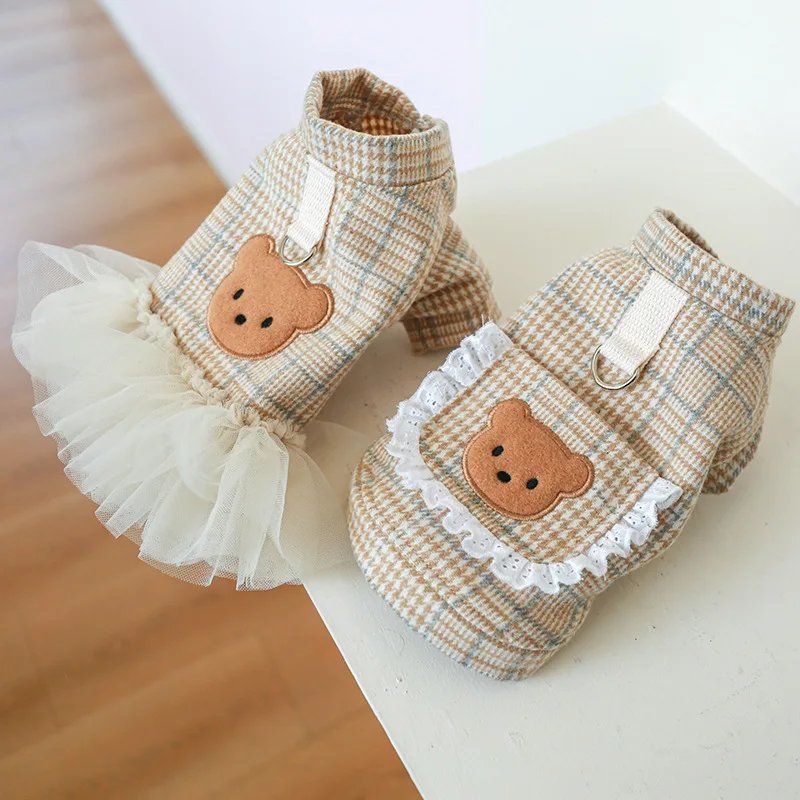 

Pet Princess Dress Autumn Winter Medium Small Dog Clothes Plaid Coat Harness Cute Fluffy Skirt Kitten Puppy Chihuahua Yorkshire